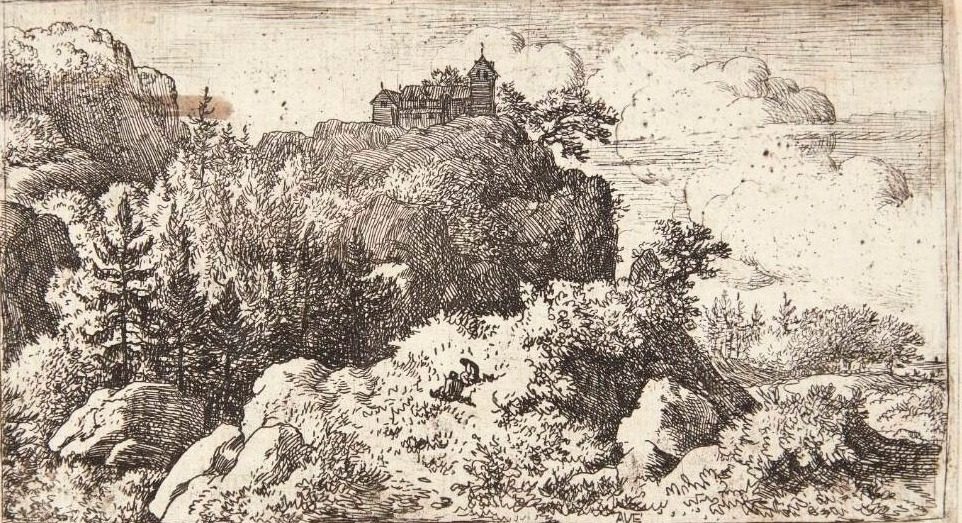 Bjerglandskab, i baggrunden en kirke på en klippe by Allaert van Everdingen