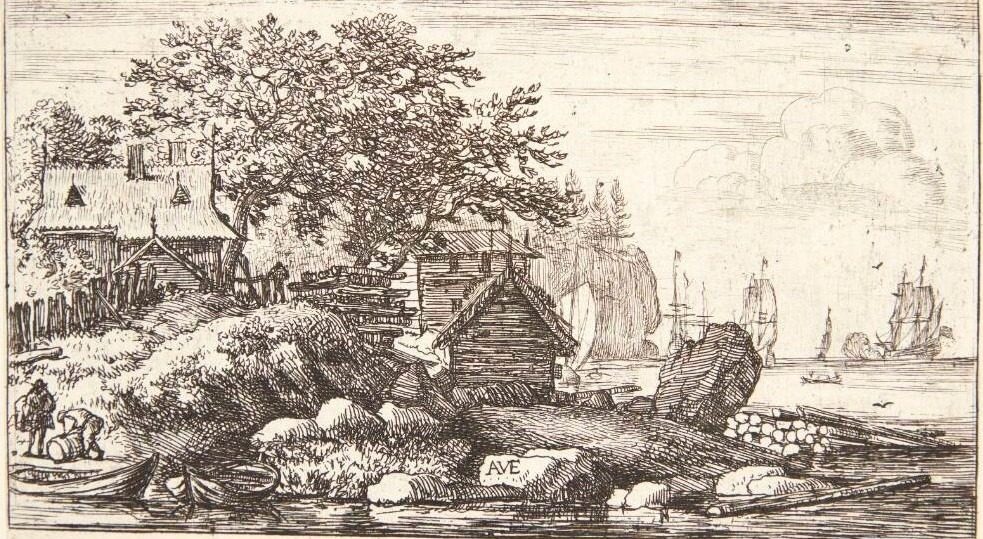 Flodlandskab, i forgrunden to robåde by Allaert van Everdingen