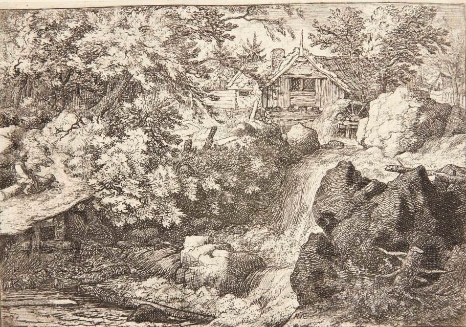 Et vandfald ved en vandmølle by Allaert van Everdingen