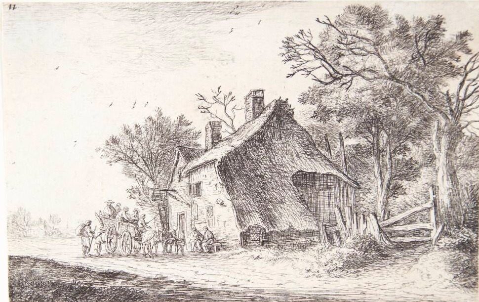 Rejsende gør ophold ved en kro by Anthonie Waterloo