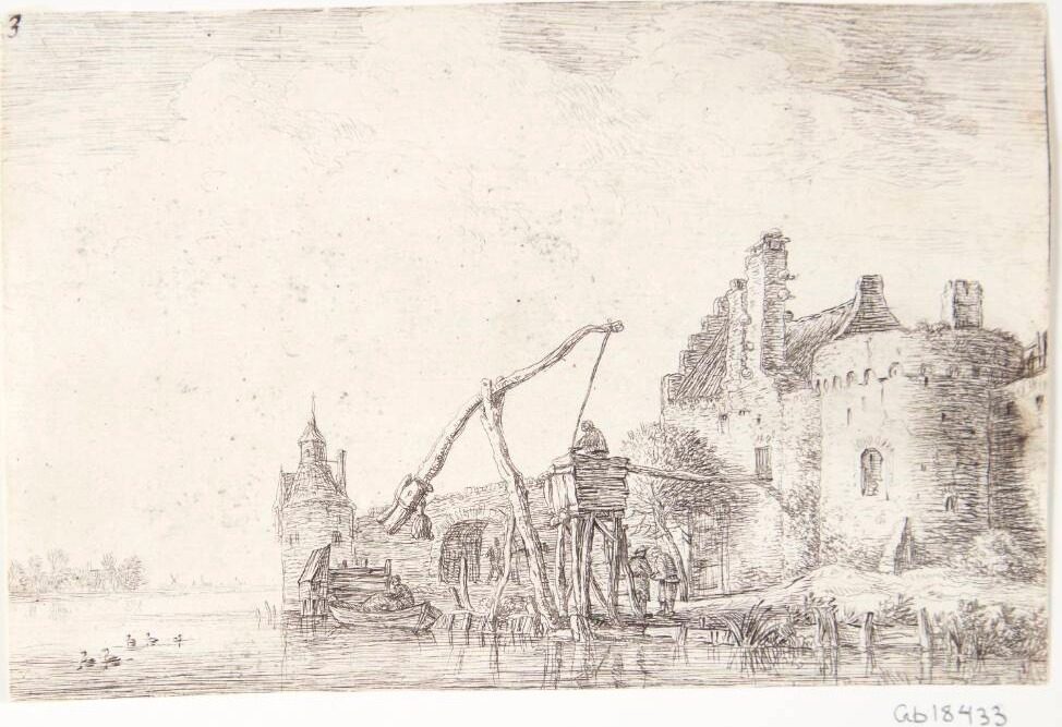 Hejseværk ved en flod by Anthonie Waterloo