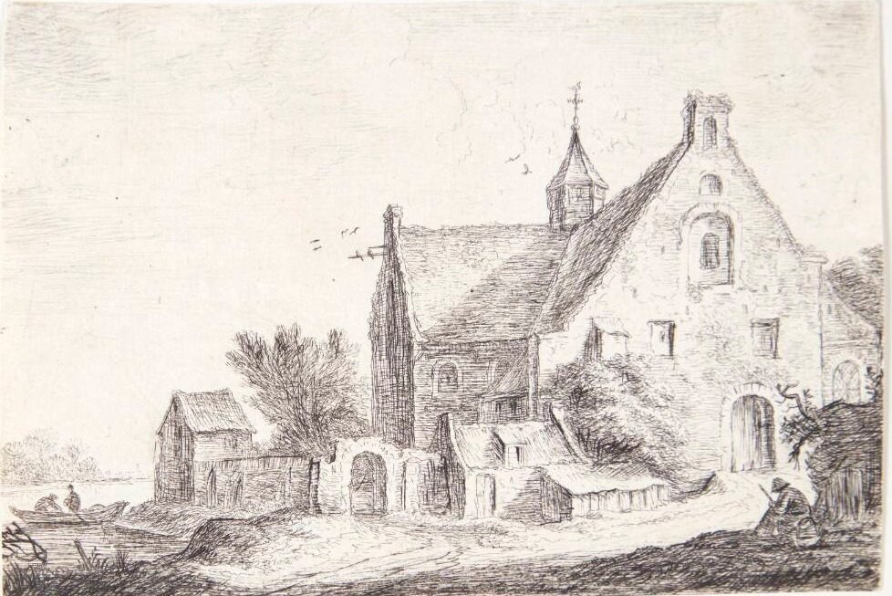 Landsbykirke ved en flod by Anthonie Waterloo