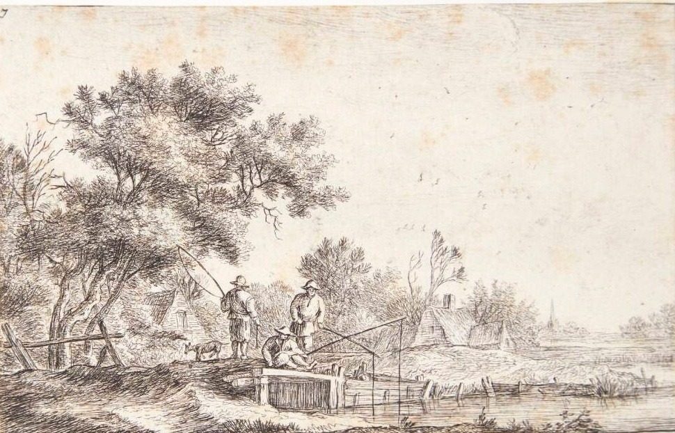 Tre fiskere på en lille bro by Anthonie Waterloo