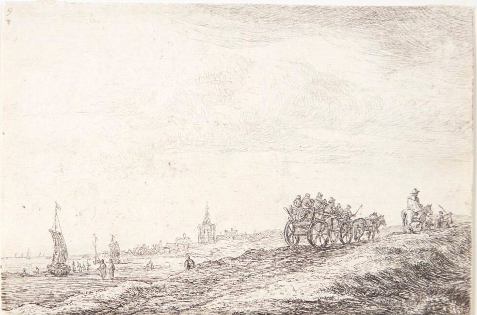 Hestevogn på en vej tæt ved kysten by Anthonie Waterloo