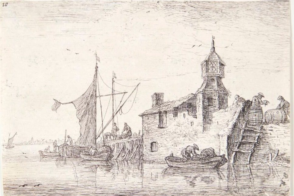 Anløbssted med bygning med et tårn by Anthonie Waterloo