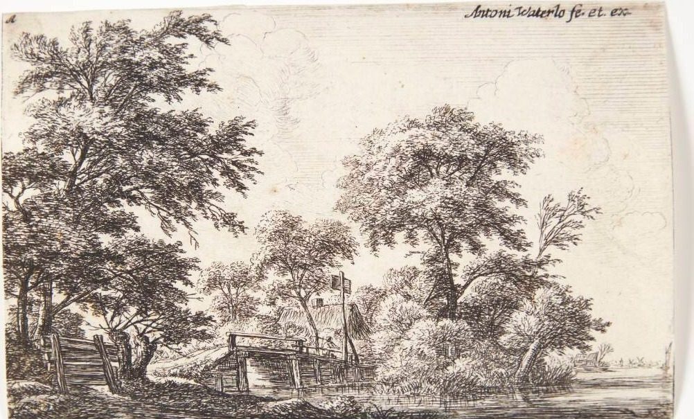Træbro ved et hus by Anthonie Waterloo