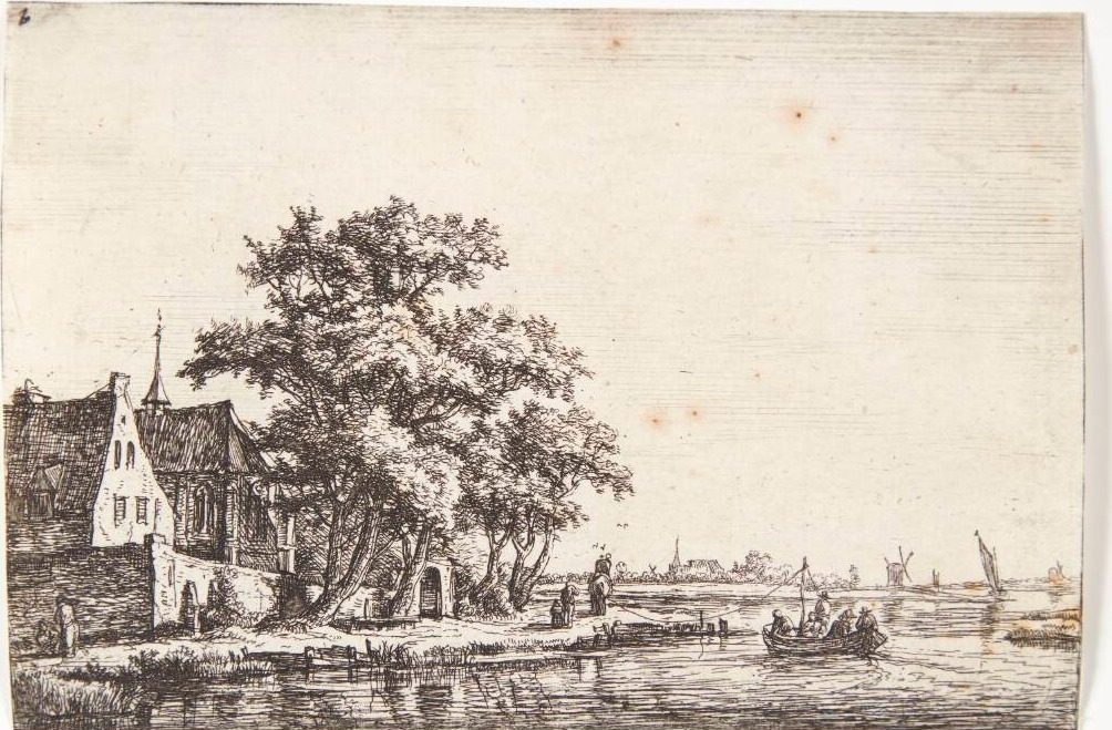 Kirkegård ved en flod by Anthonie Waterloo