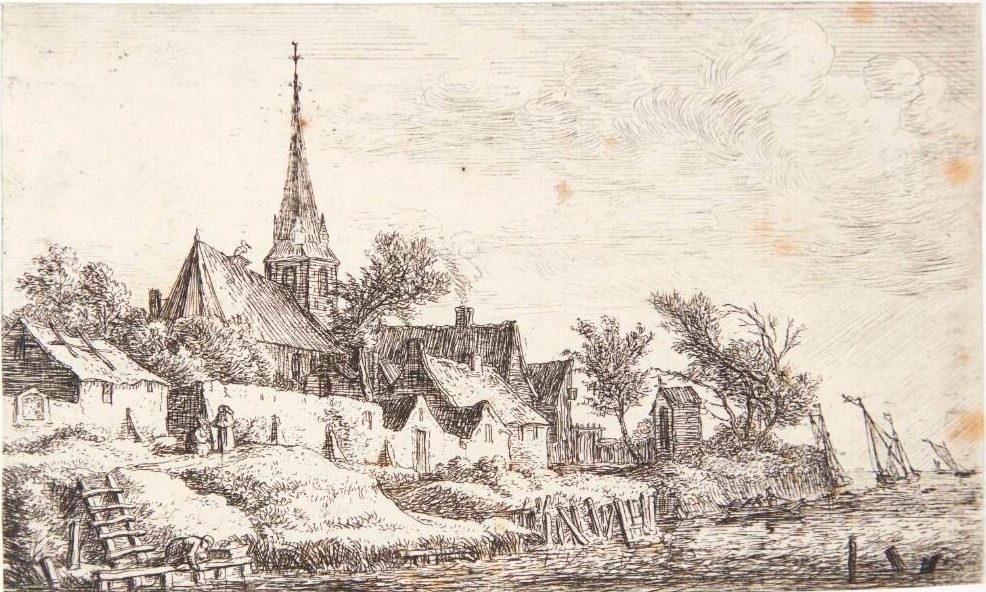 Landsby med kirke ved en flod by Anthonie Waterloo