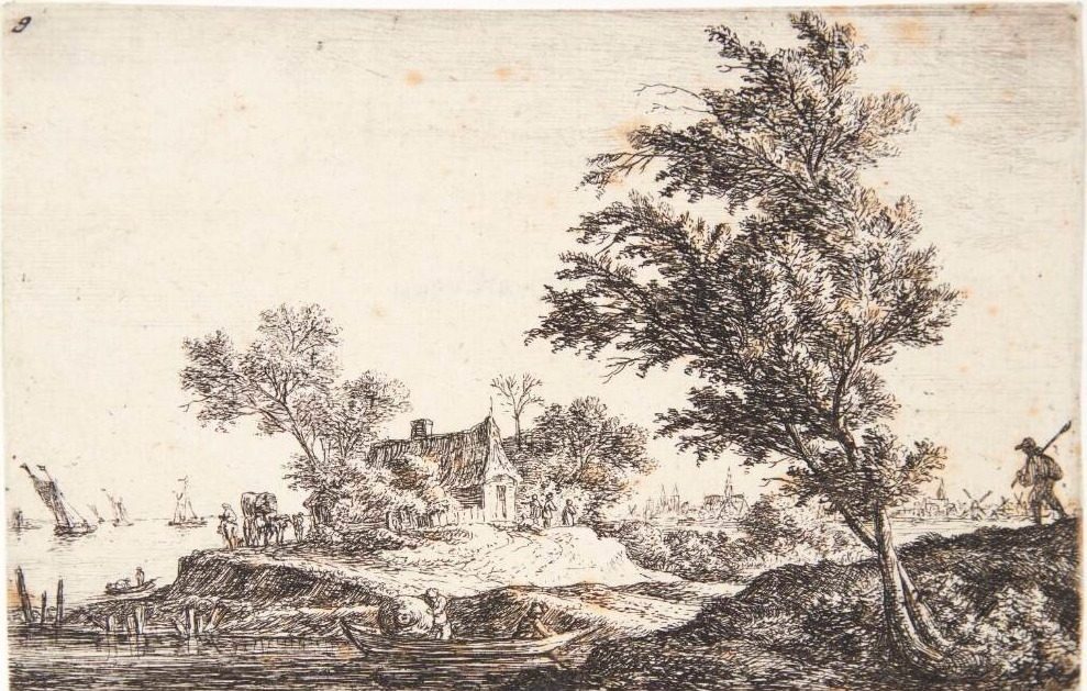 En rejsende, som passerer to store træer by Anthonie Waterloo