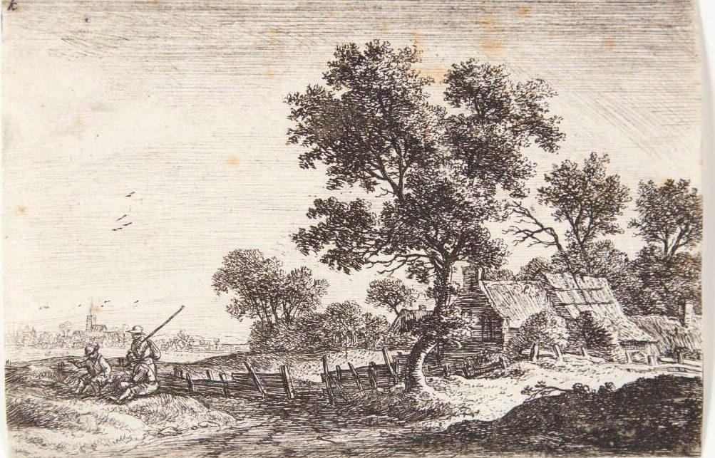 Tre bønder på en høj uden for en landsby by Anthonie Waterloo