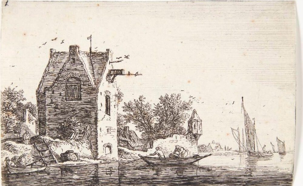Tårn ved en flod by Anthonie Waterloo
