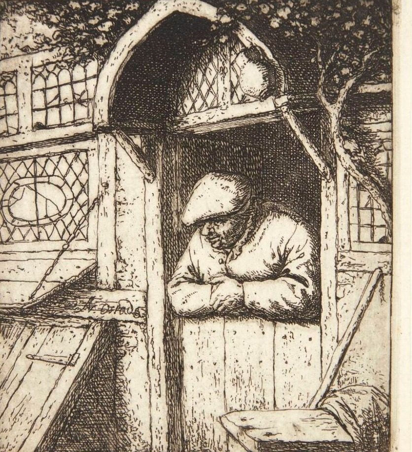 Bonde, der læner sig ud ad en døråbning by Adriaen van Ostade