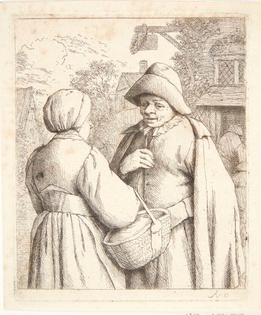Kvinde med kurv i samtale med en mand by Adriaen van Ostade