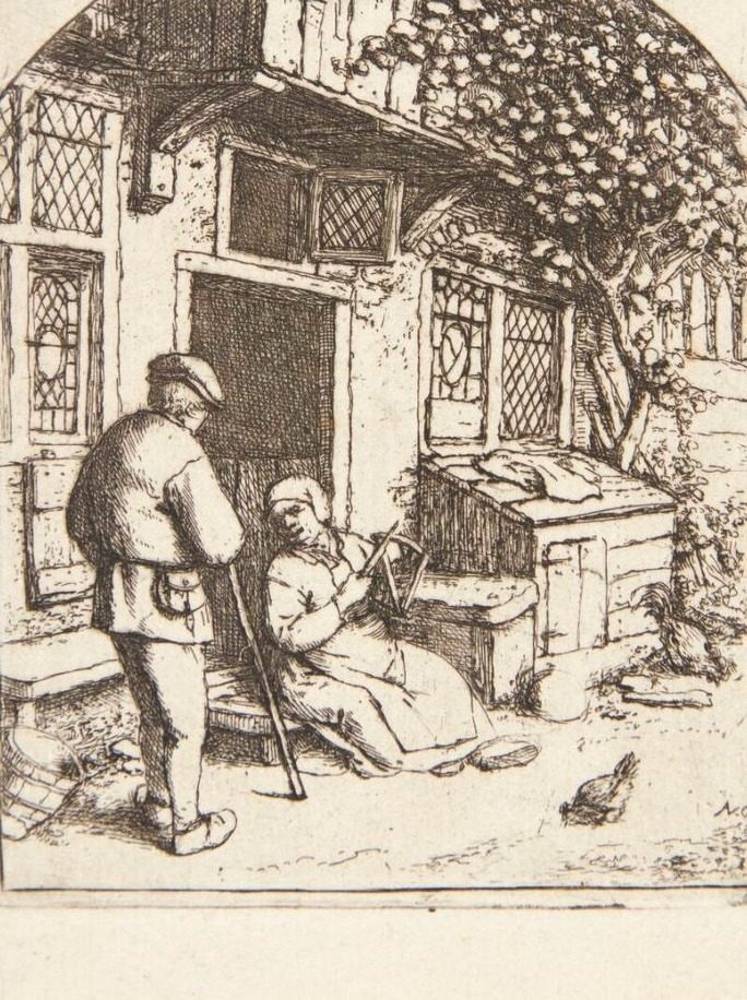 Mand i samtale med en kvinde, som vinder garn by Adriaen van Ostade