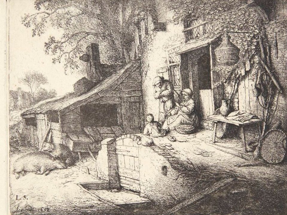 Kvinde, som spinder foran et bondehus by Adriaen van Ostade