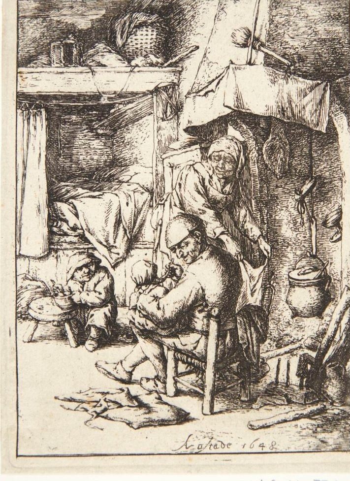 Pater familias. Interiør med en fader, der mader et barn by Adriaen van Ostade