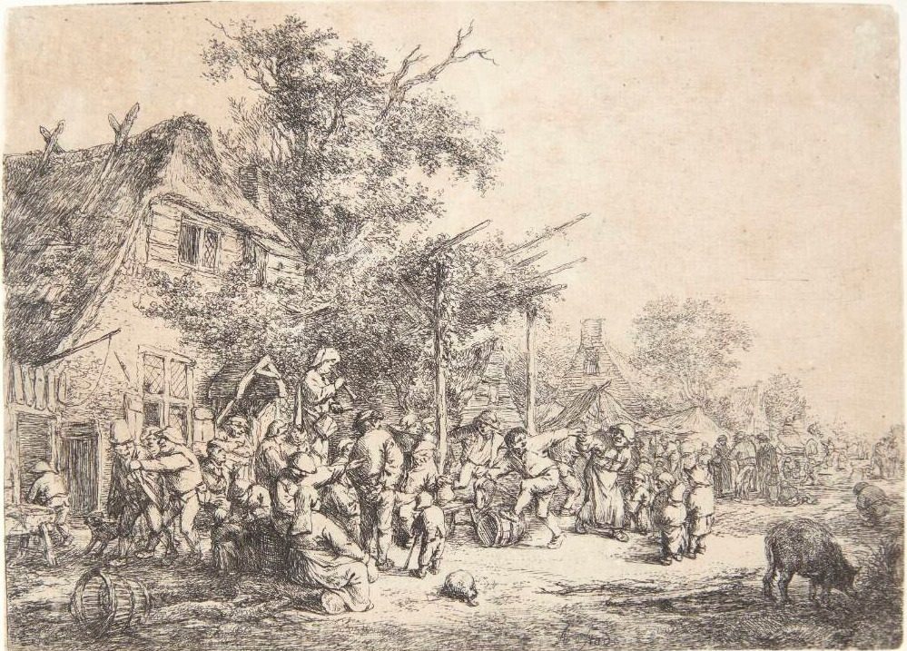 Dansende bønder ved et herberg by Adriaen van Ostade