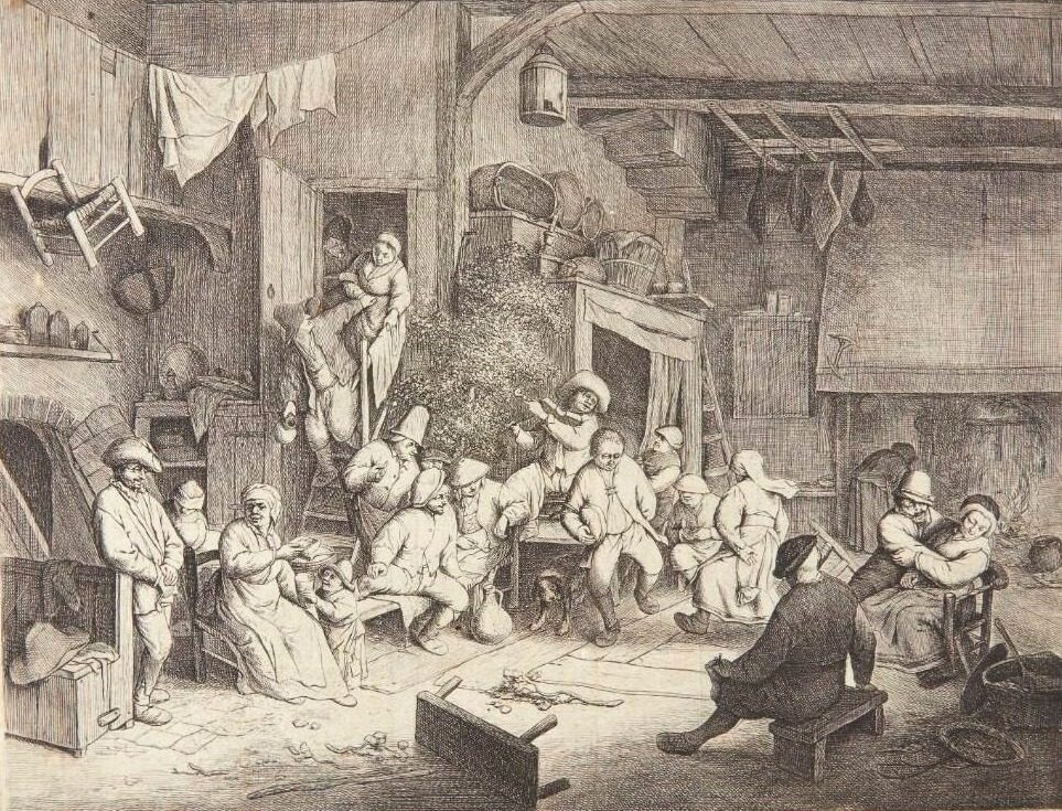 Bønder, spisende ved et bord i en krostue by Adriaen van Ostade