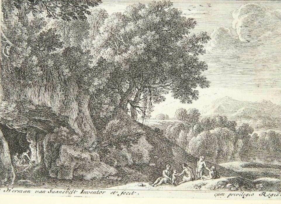 Satyrer rundt om et bål i en grotte by Herman van Swanevelt