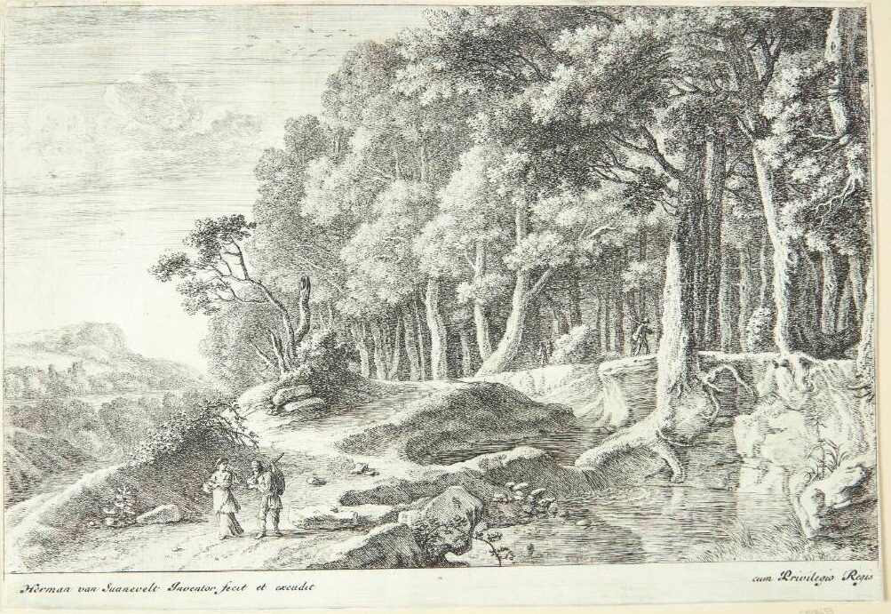 Vejfarende ved en bæk by Herman van Swanevelt
