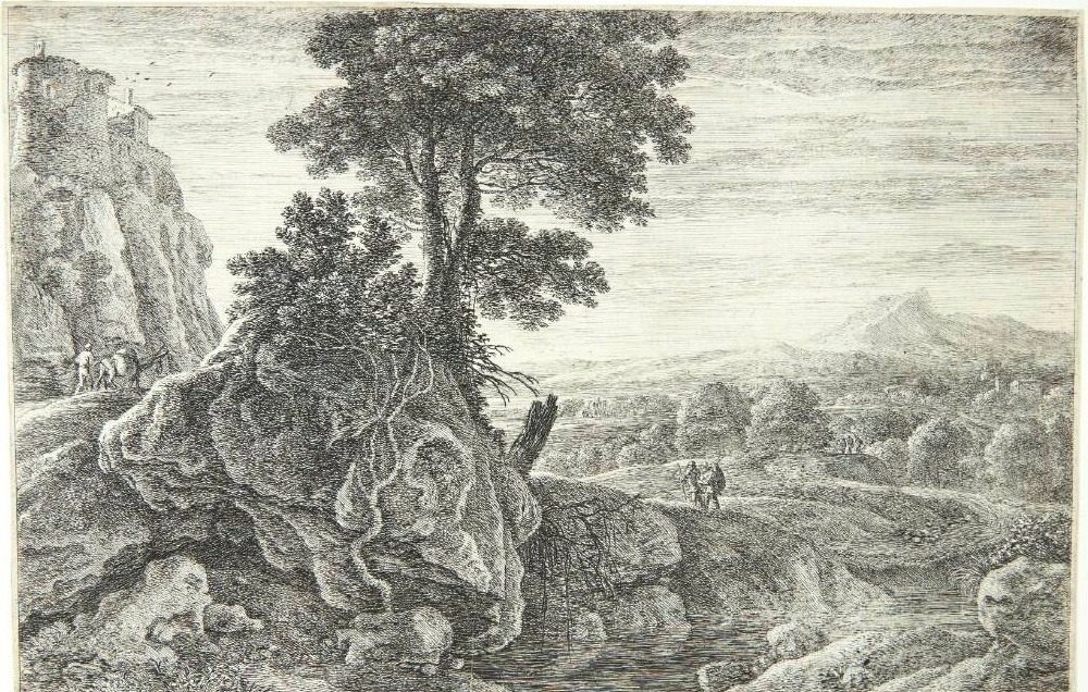 Landskab med et hus på en klippe by Herman van Swanevelt