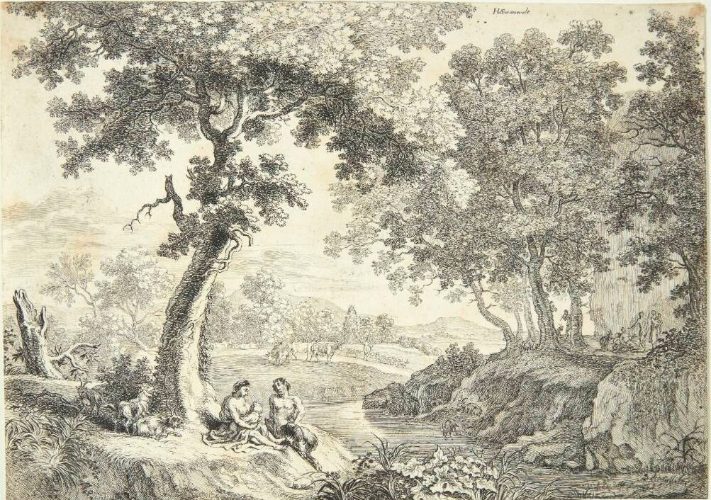 Satyrfamilie siddende under et træ by Ubekendt