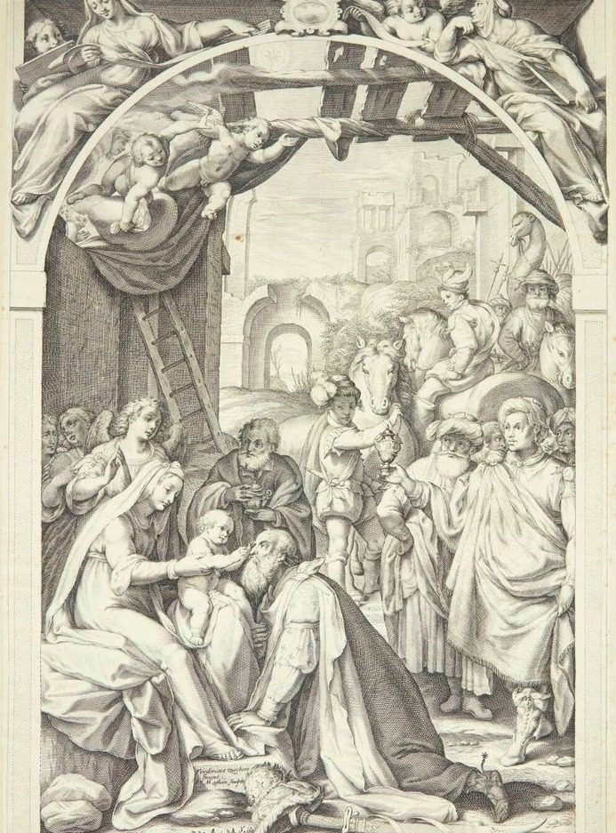 Kongernes tilbedelse by Jacob Matham