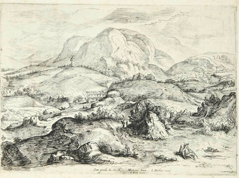Bjerglandskab med siddende mand by Gerrit Adriaensz Gauw