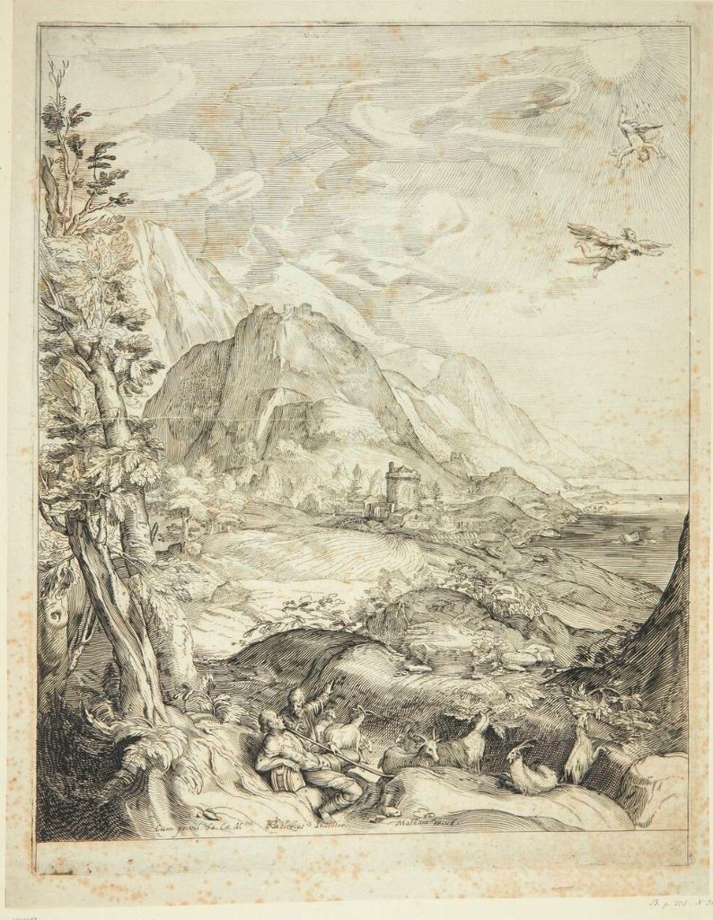 Landskab med hyrder og Daedalus og Ikaros by Gerrit Adriaensz Gauw