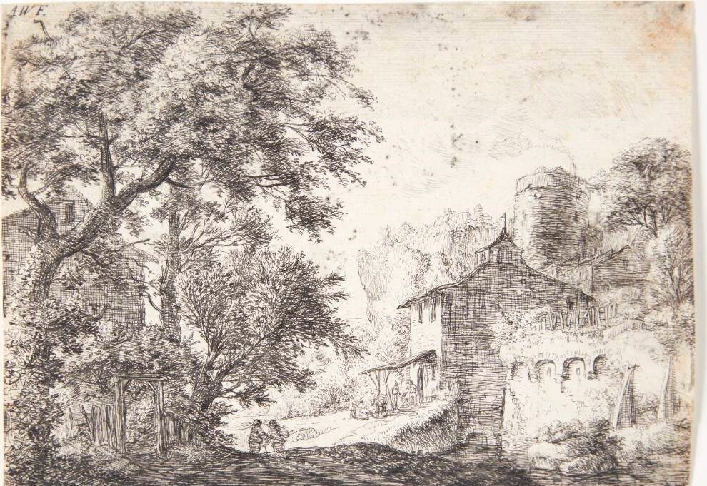 Bymur med et herberg by Anthonie Waterloo