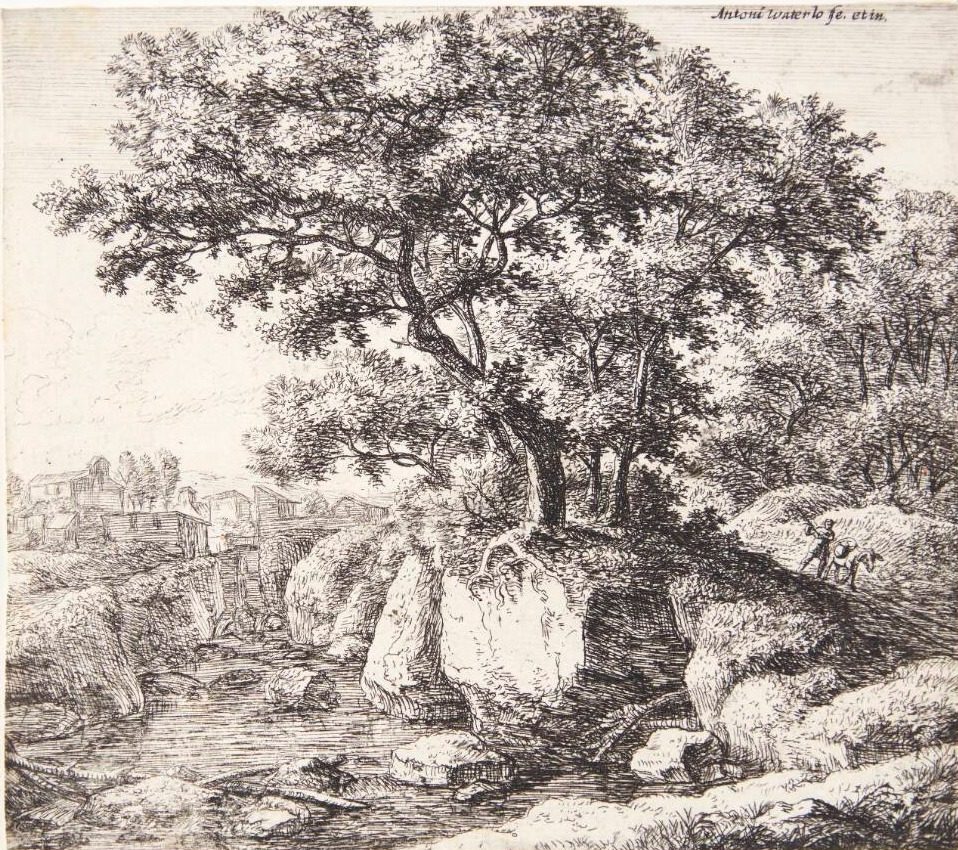 Landevej ved en flod, på vejen en mand med et muldyr by Anthonie Waterloo