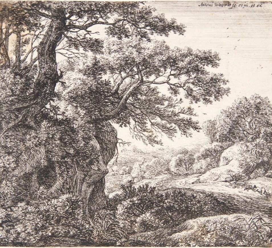 Landevej med en sovende mand og hund by Anthonie Waterloo
