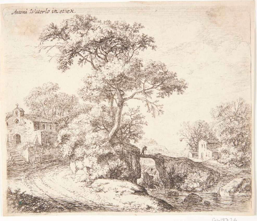 Landevej ved en flod med et kapel og en træbro by Anthonie Waterloo