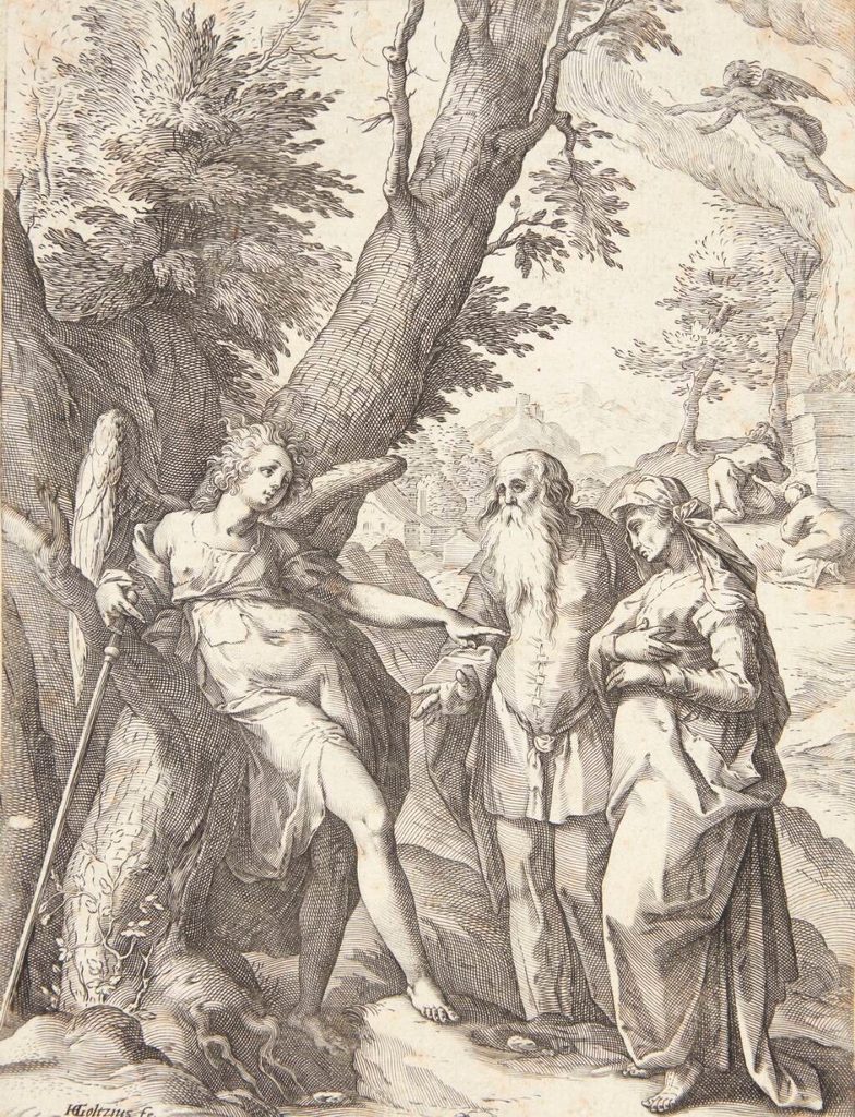 Englen bebuder Samsons fødsel til Manoa og hans kone by Hendrick Goltzius