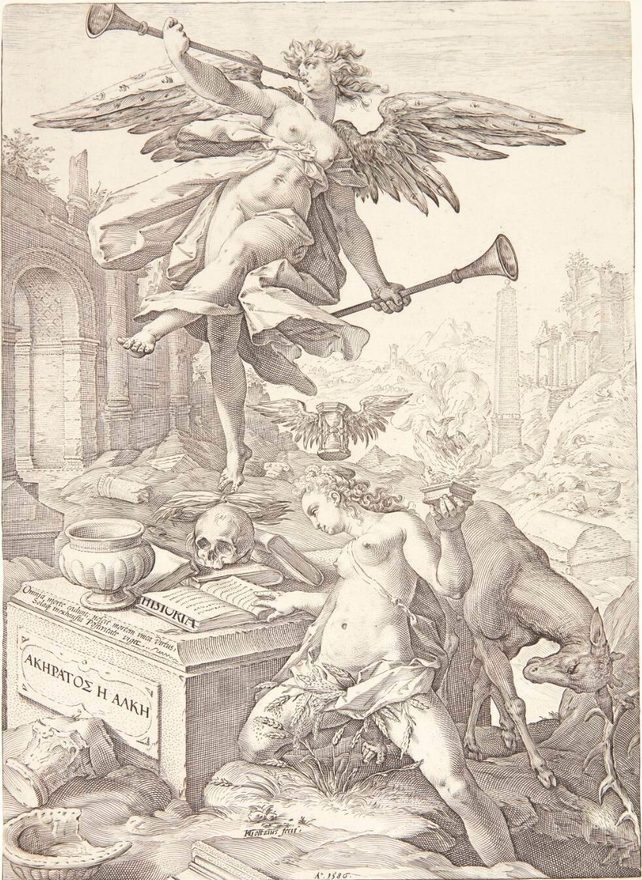 Allegori over berømmelse og historie by Hendrick Goltzius