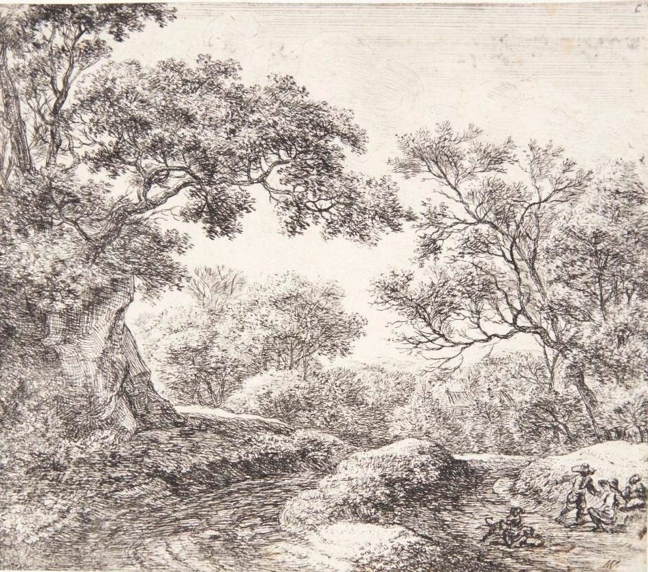 Skovlandskab med tre drenge og deres hunde by Anthonie Waterloo