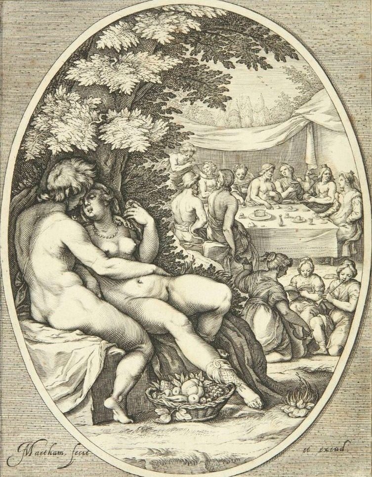 En gud og en gudinde i omfavnelse by Jacob Matham