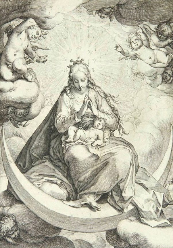 Jomfru Maria med Jesusbarnet på halvmåneseglet, omgivet af engle by Jacob Matham