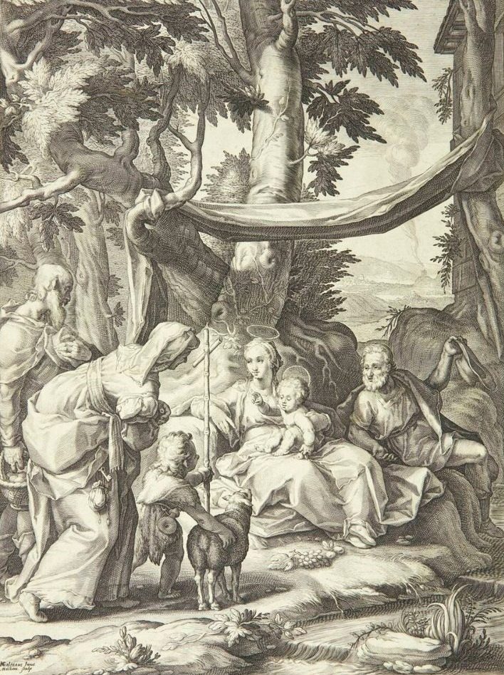 Den hellige familie siddende i et landskab med Elisabeth, Zakarias og Johannes Døberen som barn by Jacob Matham