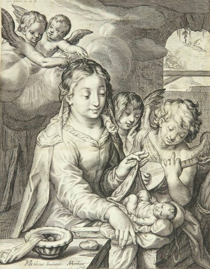 Jomfru Maria med barnet omgivet af engle by Jacob Matham