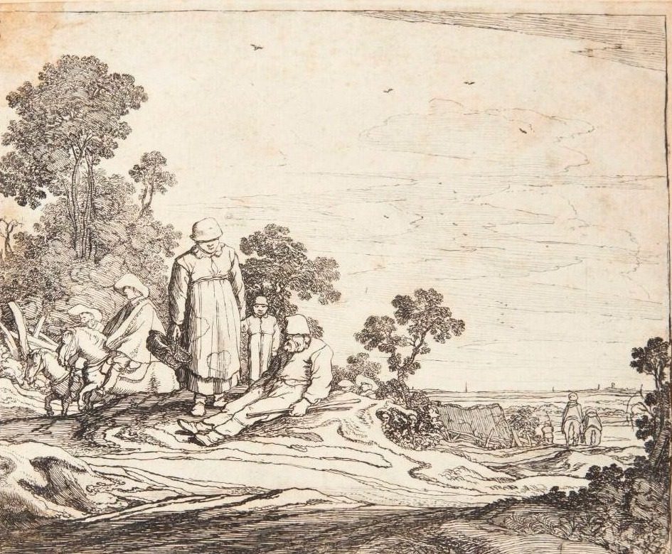 Kvinde med en kurv i hånden og en dreng bag sig, stående ved en siddende bonde by Pieter de Molijn