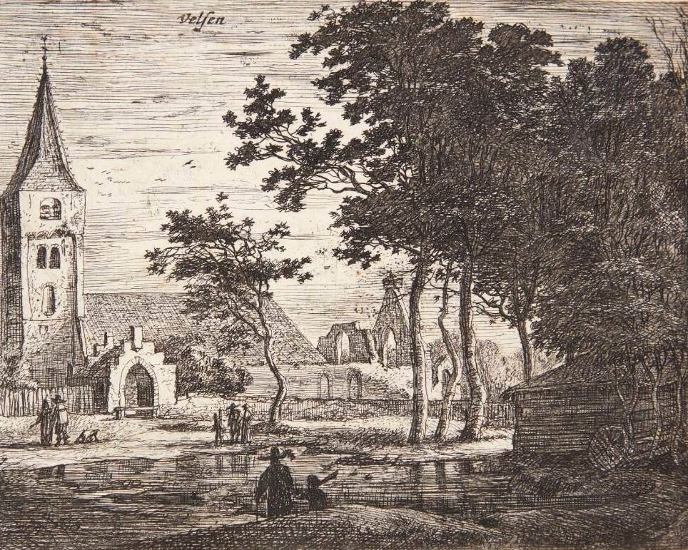 Landskab med en kirkeruin, Velsen by Roelant Roghman