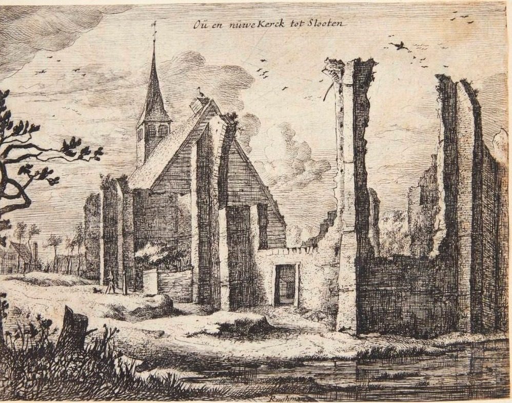 Den gamle og den nye kirke i Sloten by Roelant Roghman