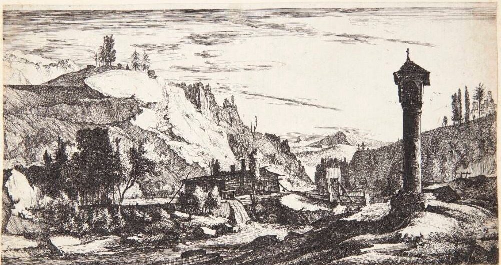 Bjergrigt landskab med en søjle by Roelant Roghman