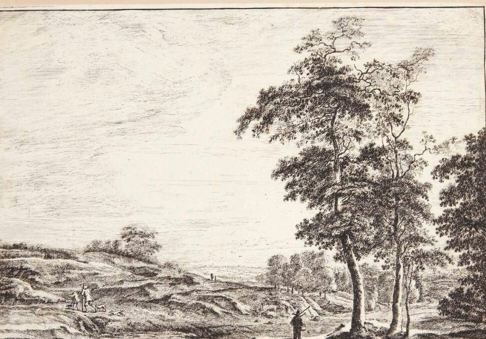 En bonde, jægere og hunde i udkanten af skoven by Roelant Roghman