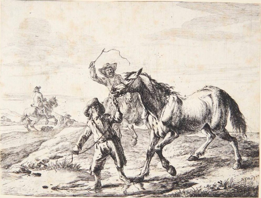 En dreng leder en hest til vandet by Dirk Stoop