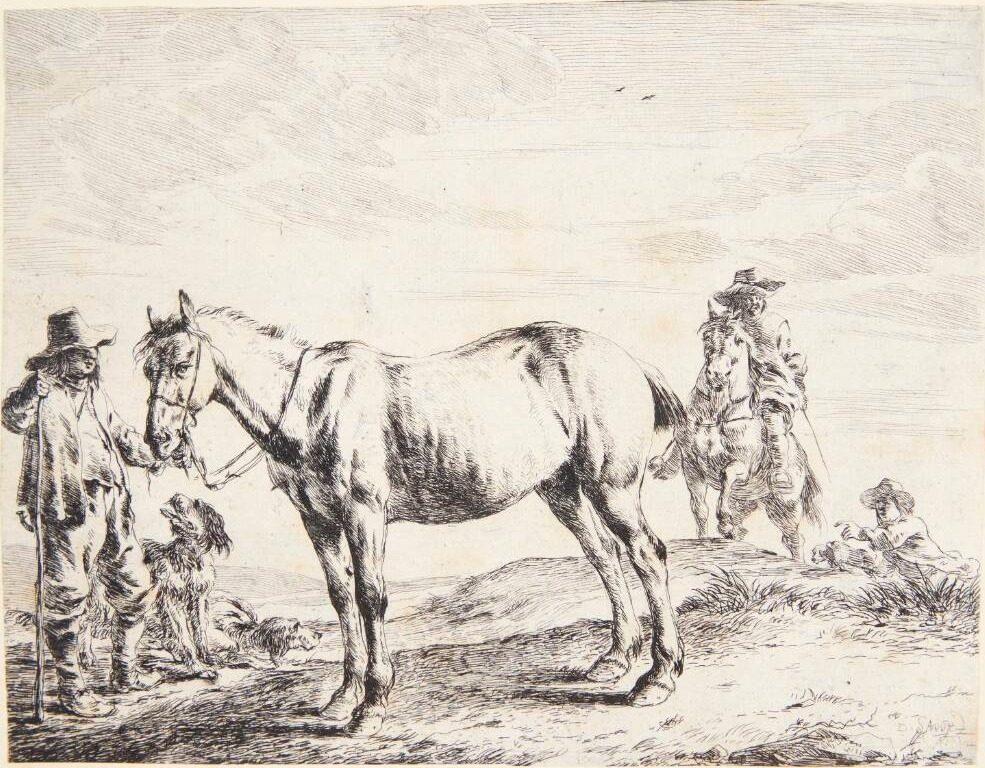 En mand holder en hest ved hovedtøjet by Dirk Stoop