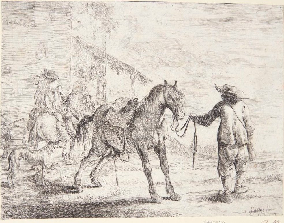 Pissende hest, en mand holder den i tøjlerne by Dirk Stoop