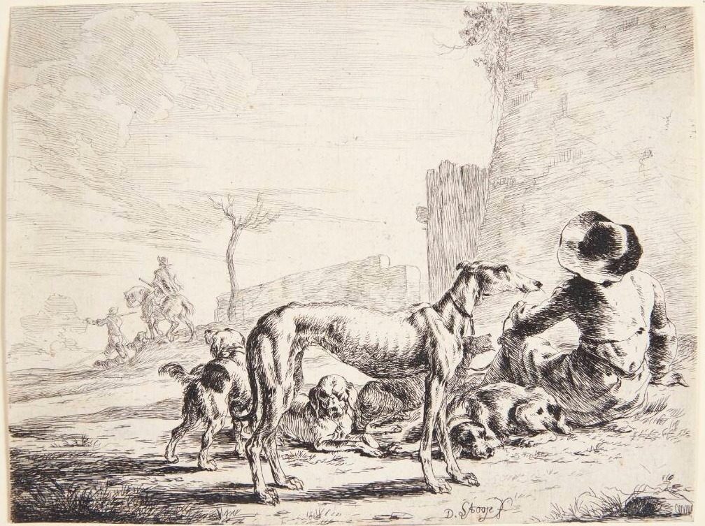 Mand set fra ryggen, siddende på jorden med fem hunde by Dirk Stoop