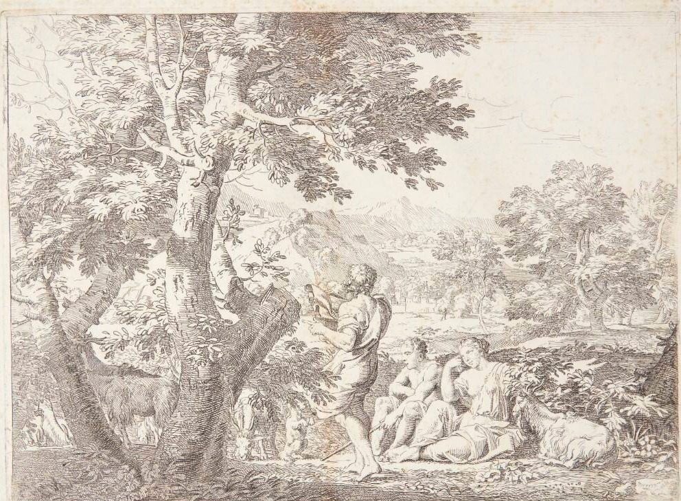Landskab med hyrder og en hund by Franciscus de Neve